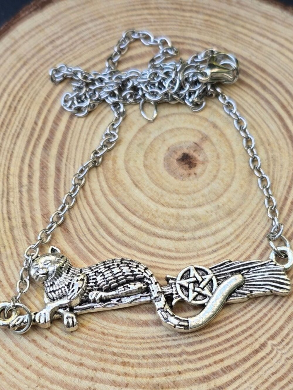 Cat on Broom ✦ Witch Familiar Pendant ✦ Gothic Celestial Alt Necklace NWT
